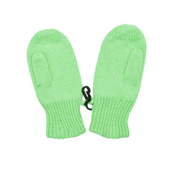 Small green mittens for baby on the white