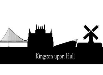 Kingston Upon Hull skyline in orange background in editable vect