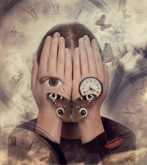 Naklejka premium Kobieta z rękami na twarzy i symbolami: motyl, zegar. Surrealistyczne