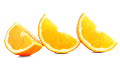 Juicy slices of orange isolated on white