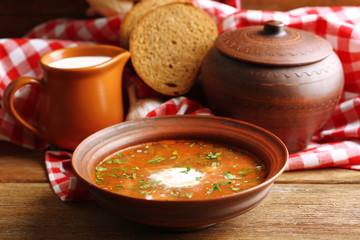 Ukrainian beetroot soup - borscht in bowl and pot,