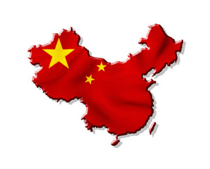 Map of China with waving flag isolated on white background