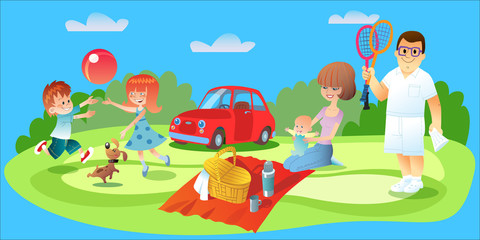 Family picnic, father, mother and children car