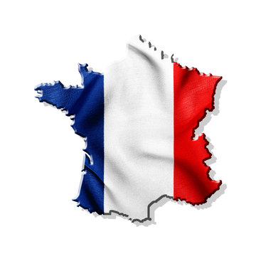 Map of France with waving flag isolated on white background