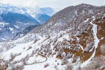 Fototapeta na wymiar Panorama of the mountains Caucasus in Snow Valley Svaneti