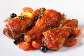 Fried chicken legs in tomato sauce with peppers on a plate