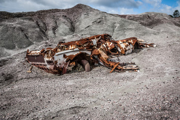 Scrapped and rusty car, breaking in nature by the time