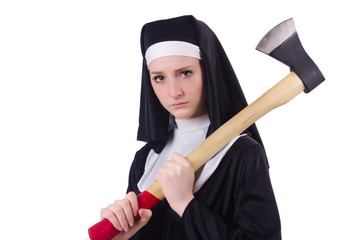Nun with axe isolated on white
