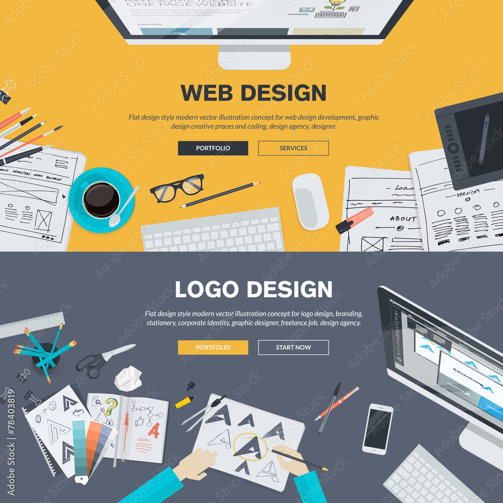 Sticker flat design concepts for web design development, logo design