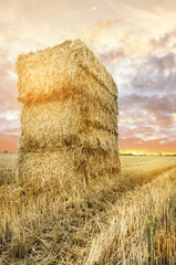 big straw square bale on cloudy dawn sky, landscape