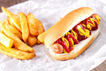Hotdog and Fries with a Beer
