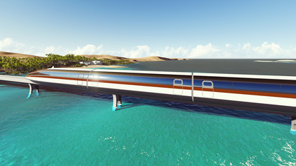 Train on the background of the sea. Raster. 2