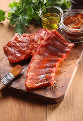 Appetizing Juicy Fried Pork Rib on Wooden Board