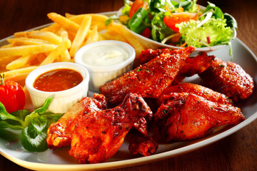 Fried Chicken with Sauce, Fries and Veggies