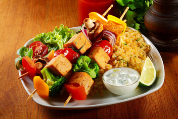 Gourmet Tofu Skewers on Java Rice with Mustard Sauce