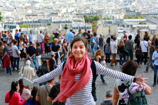 Fototapeta Happy beautiful girl on Montmartre in Paris
