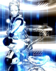 Futuristic robot girl in blue and white metallic gear
