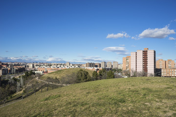 Fototapeta na wymiar European architecture, Madrid skyline, views from Tio Pio Park