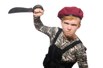Funny soldier in military concept isolated on the white