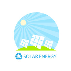 solar energy panel battery on blue sky geen grass flat design