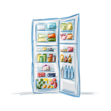 Opened fridge full of food, sketch for your design