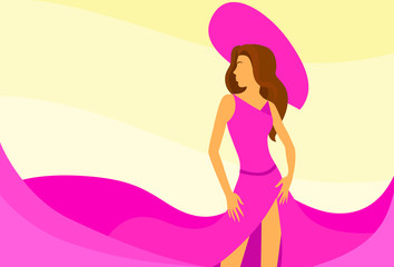 woman fashion pink dress with and hat flat design vector