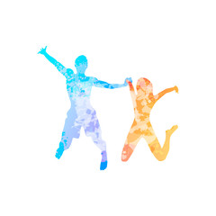 Obraz na płótnie Canvas Couple man and woman holding hands jump colorful silhouette