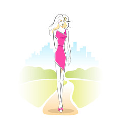fashion woman sketch pink dress outdoor vector