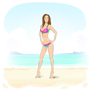 woman on summer beach, long leg blonde sexy girl bikini