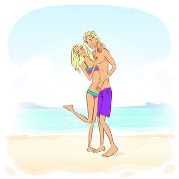 Romantic couple embracing happy smile, on summer beach