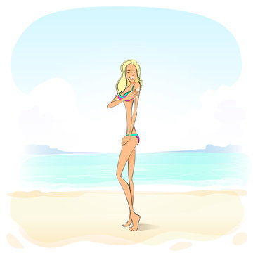 woman apply sunscreen protection lotion cream, summer beach