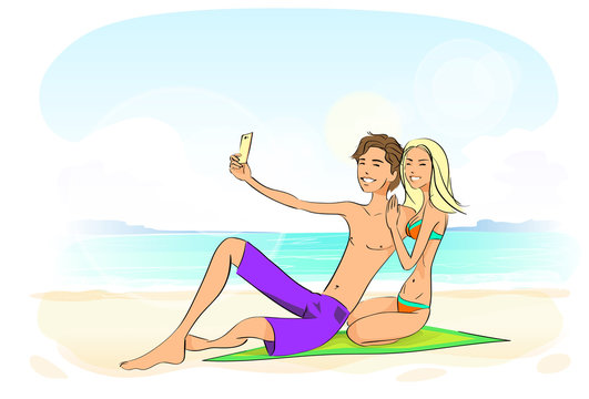 couple taking selfie photo on smart phone sitting on beach