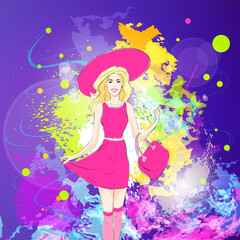 fashion woman in pink dress, hat and stocking over colorful pain