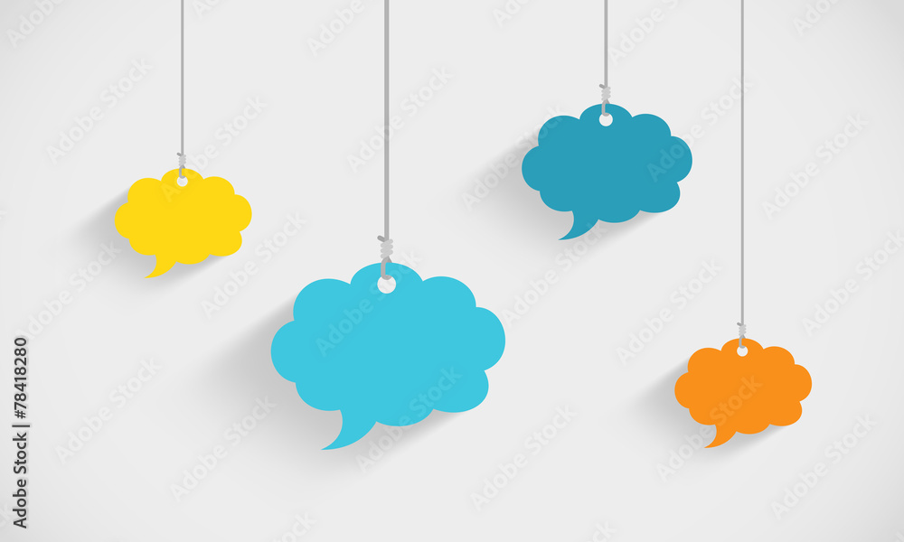 Poster speech bubble clouds hanging on strings