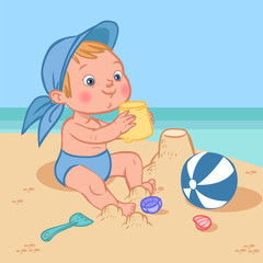 Obraz na płótnie Canvas Funny cute cartoon baby playing on the beach.Vector illustration