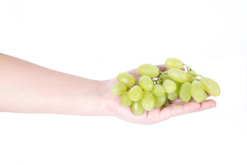 Man hand holding bunch of green grapes, Isolated