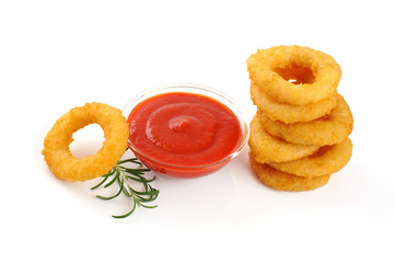 Onion rings, ketchup isolated on white background