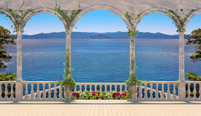 Fototapeta na wymiar Terrace with balustrade overlooking the sea and mountains