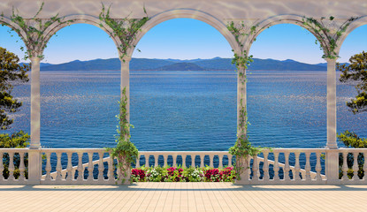 Terrace with balustrade overlooking the sea and mountains