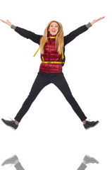 Obraz premium Young woman student with backpack isolated on white