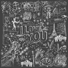 Fototapeta premium Vector sketch background with love story elements