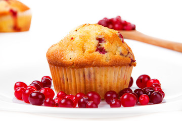 Cake on a plate with cranberries