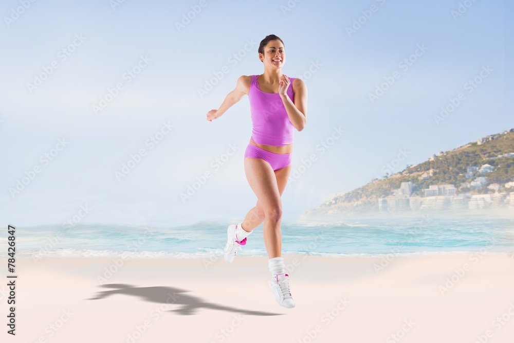 Poster composite image of fit brunette running and jumping