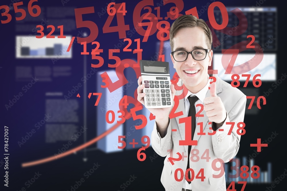Poster Composite image of geeky smiling businessman showing calculator