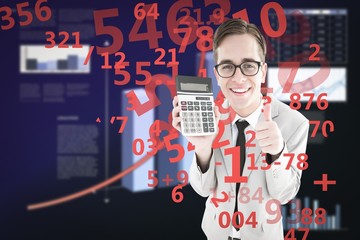 Composite image of geeky smiling businessman showing calculator