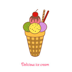 Vector ice cream in a cone with a cherry