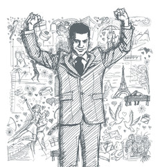 Fototapeta na wymiar Sketch Businessman With Hands Up Against Love Story Background 0