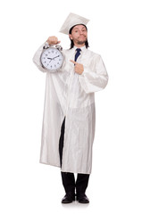 Student missing his deadlines with clock on white