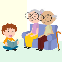 Child caring elderly, reading book, vector illustration