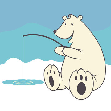 Polar bear, ice fishing, vector illustration